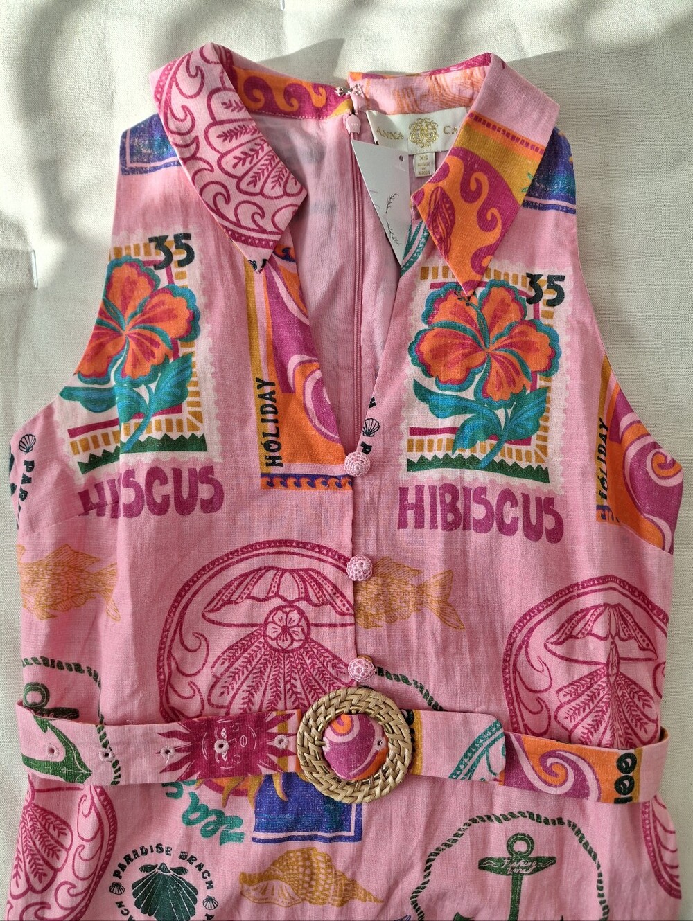 (New) Anna Cate – Hibiscus Belted Midi Novelty Print Dress (Pink) Women's XS - Picture 4 of 14